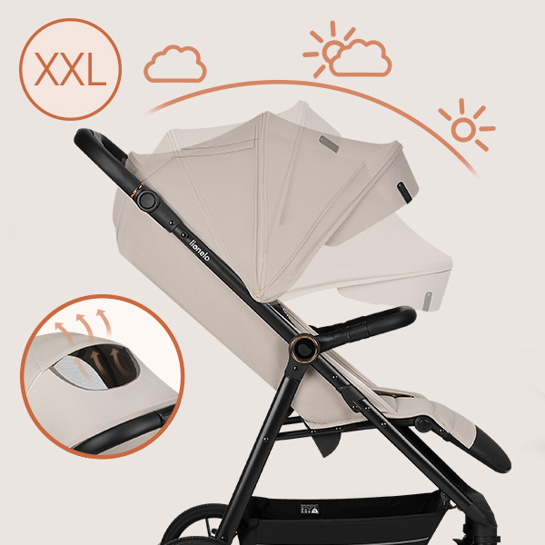 Großes, wasserdichtes Verdeck am Kinderwagen.