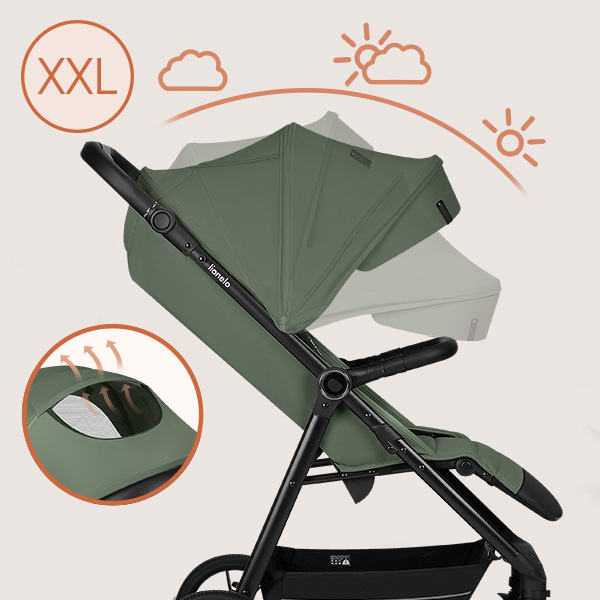 Großes, wasserdichtes Verdeck am Kinderwagen.